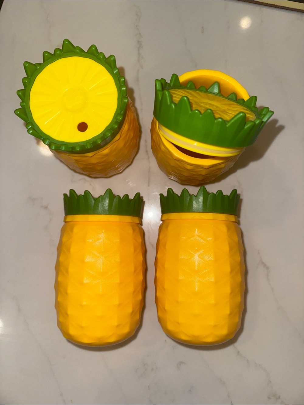 SET (4) Yellow Pineapple Party Cups with Green Tops - Brand